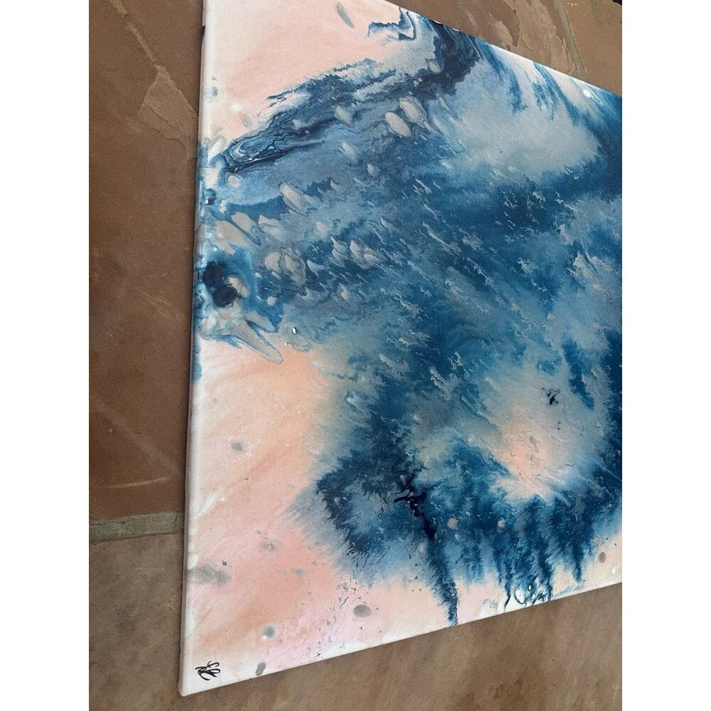 Original Abstract Painting Blue & Blush Pink Coastal Forest Wall Art – 24” x 30”